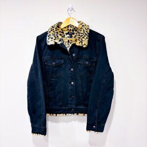 FOREVER21 Black Denim Jacket Cheetah Faux Fur Lined | Large *